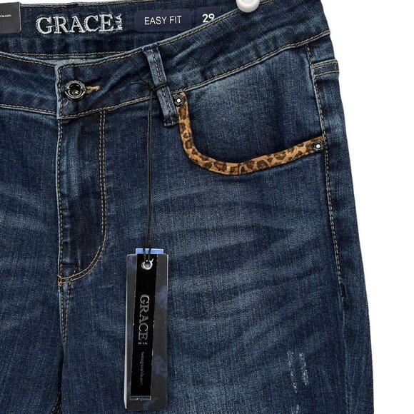 NWT Grace in LA Women Dark Wash Leopard Print Detail Flare Stretch Jeans Size 29 - Picture 6 of 12